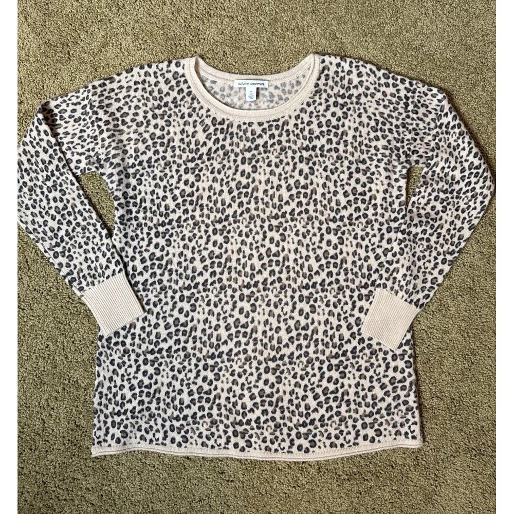 Autumn Cashmere Women Medium Beige Brown Black Lightweight Leopard Crew Sweater